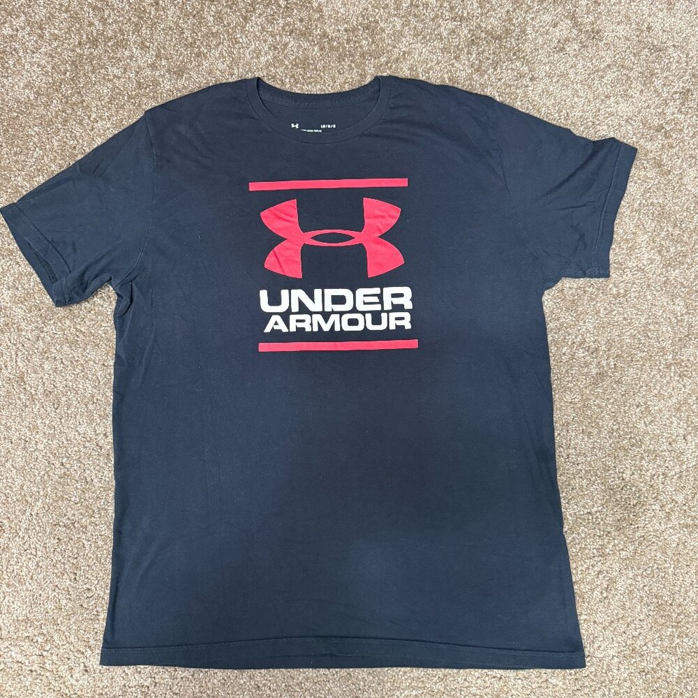 Under Armour Heatgear T-Shirt Mens Large Navy Blue Graphic Logo Cotton Loose Fit